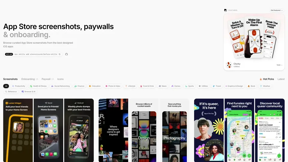 Poster for before.click — featured apps, starting with Clucky