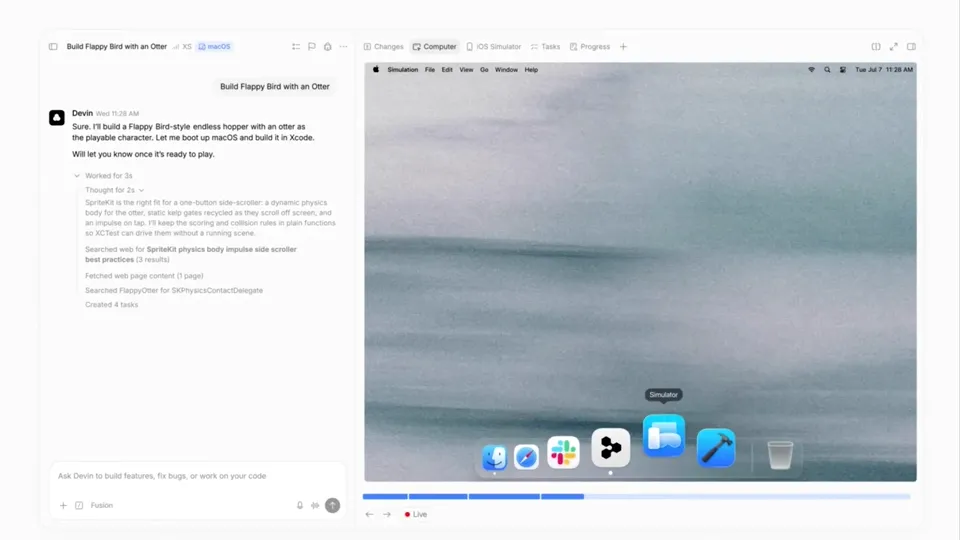 Poster for Devin — now builds and tests on its own Mac