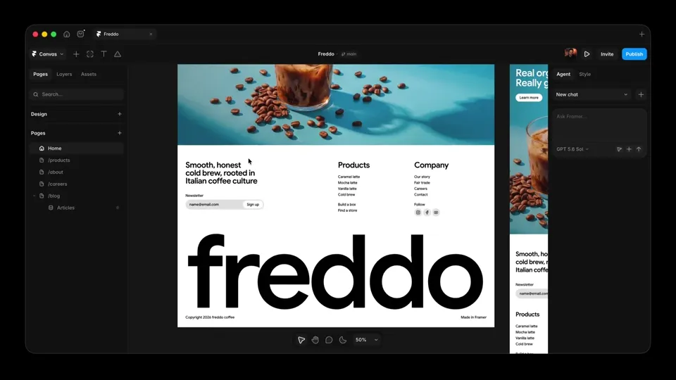 Poster for Framer Agent — prompt, build, and publish a site