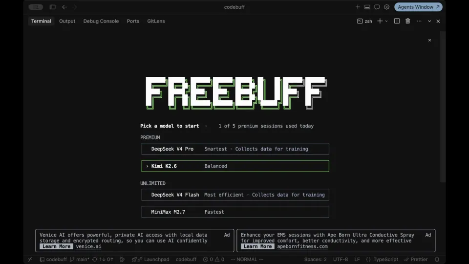 Poster for Freebuff — A free coding agent with DeepSeek, Kimi…