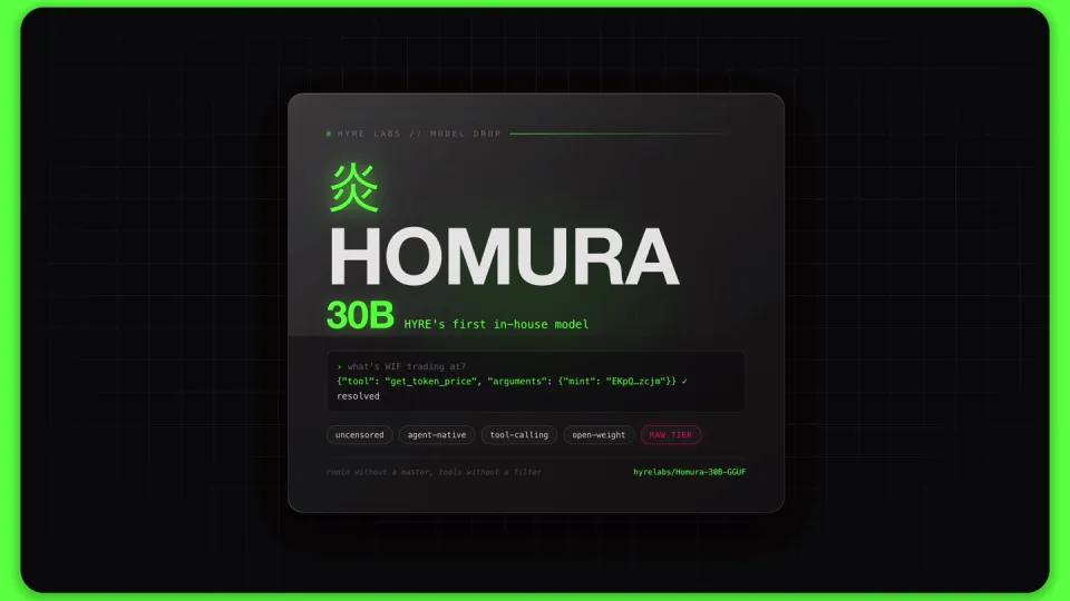 Poster for HOMURA 30B — uncensored model that still calls tools