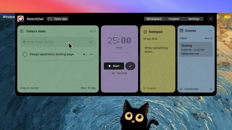 Poster for NotchOwl — a productivity workspace in the Mac notch