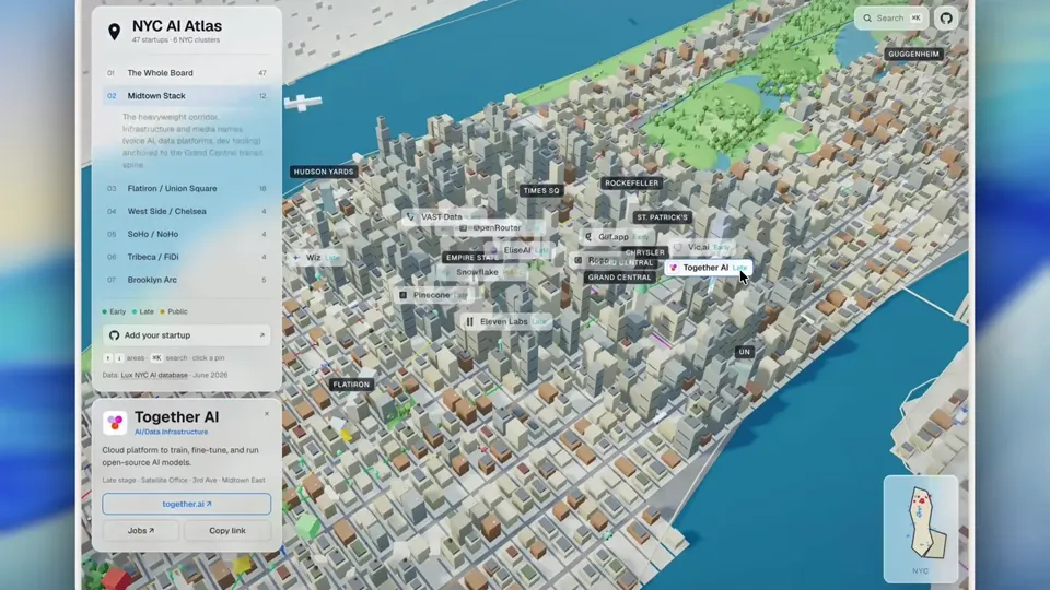 Poster for NYC AI Atlas — a 3D map of the city's AI startups