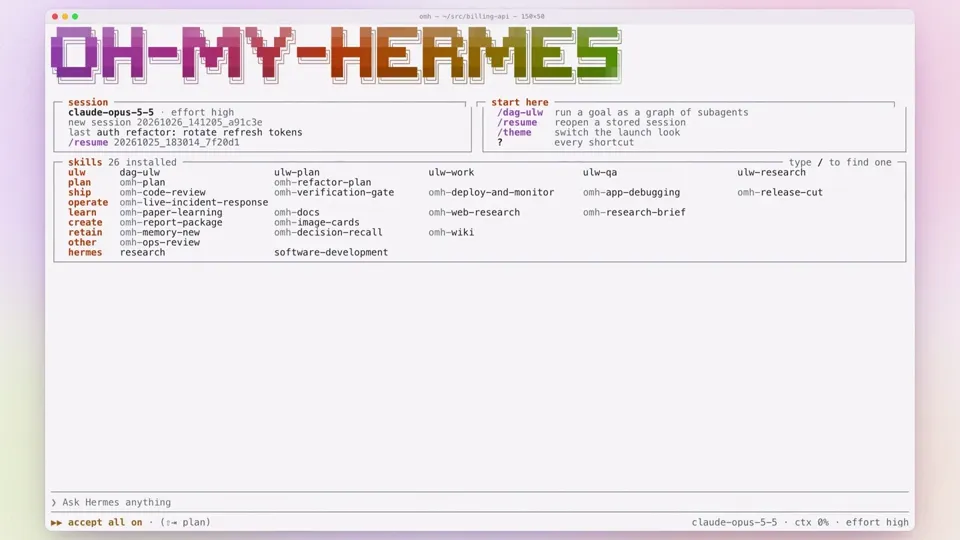 Poster for Oh My Hermes — a layer for Hermes Agent