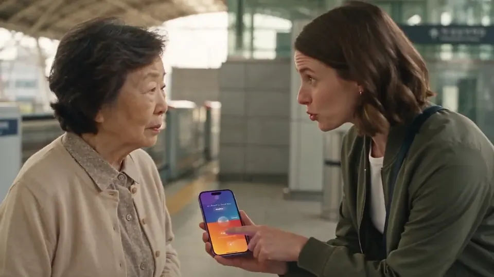Poster for Omilo — two people, two languages, one phone