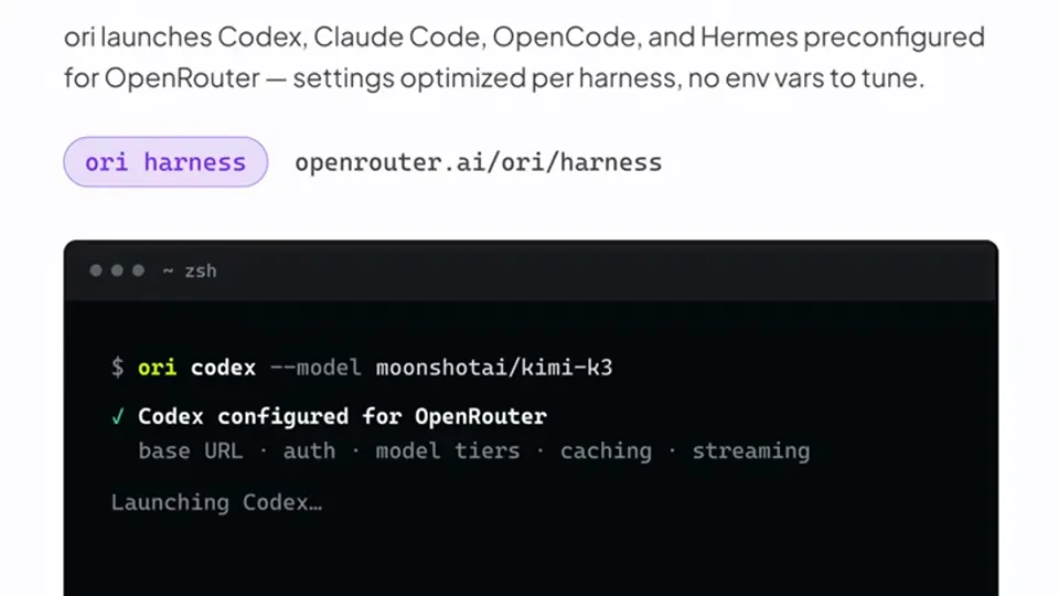 Poster for Ori Harness — one-click harness setup for OpenRouter