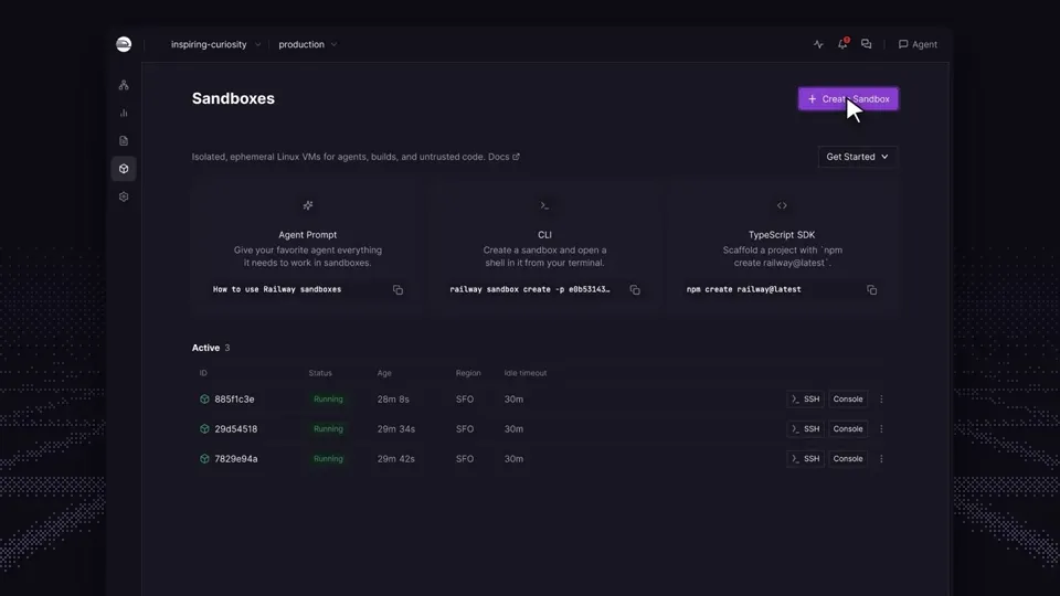 Poster for Railway Sandboxes — thousands of VMs next to your infra