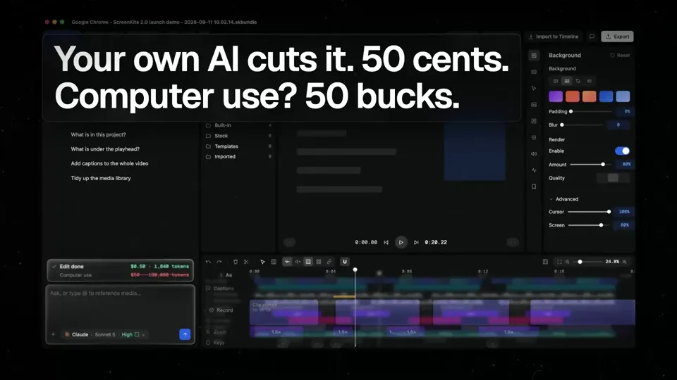 Poster for ScreenKite 2.0 — native recording and a pro editor