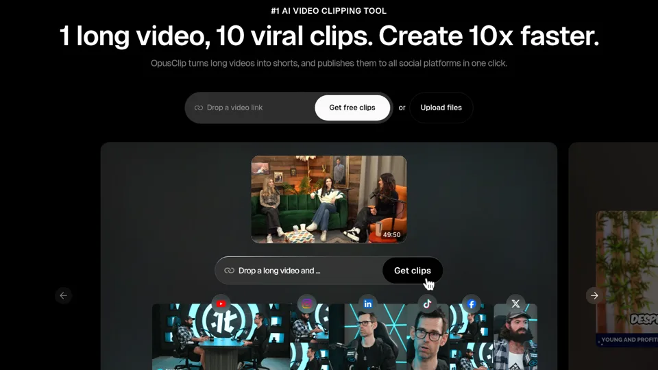 OpusClip — 1 long video, 10 viral clips. Create 10x faster.