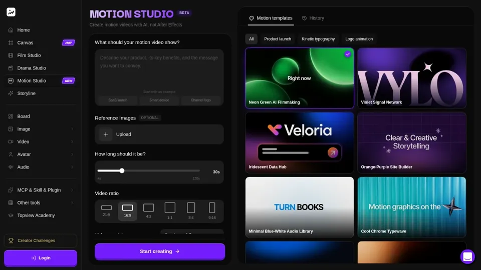 Topview Motion Studio — Create motion videos with AI, not After Effects