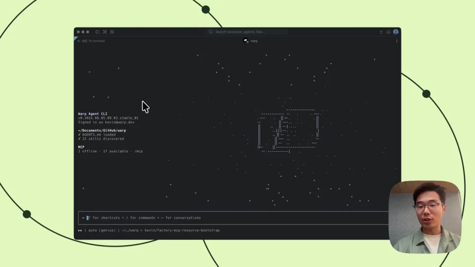 Poster for Warp Agent CLI — invite agents into a live terminal